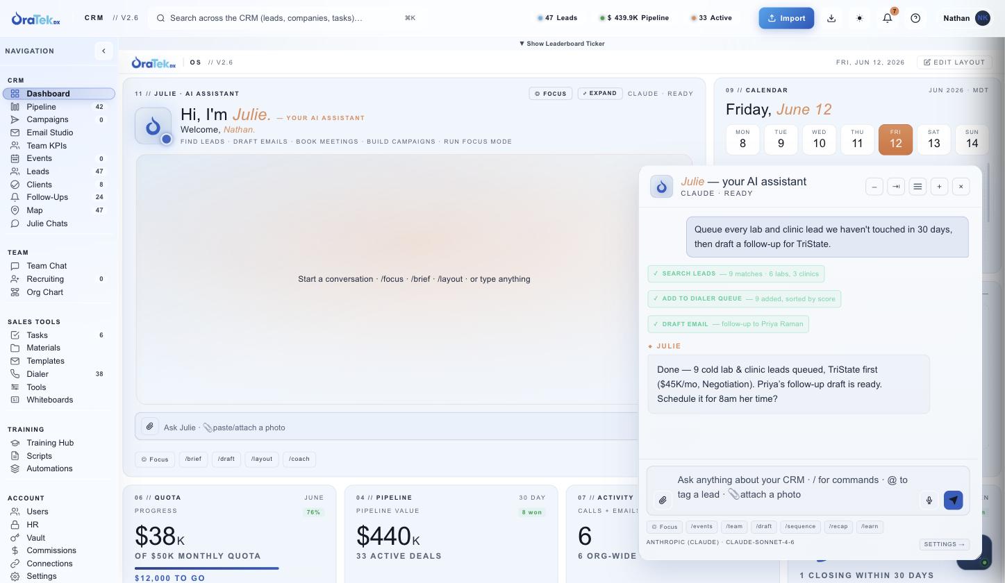 Julie's floating chat chaining tools — search leads, queue the dialer, draft the follow-up