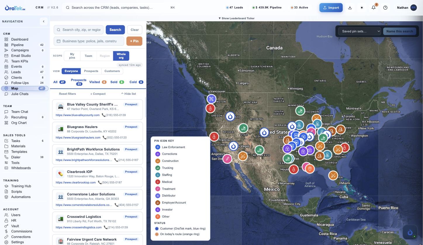 Map prospecting — categorized pins across the US with prospect cards and saved pin sets