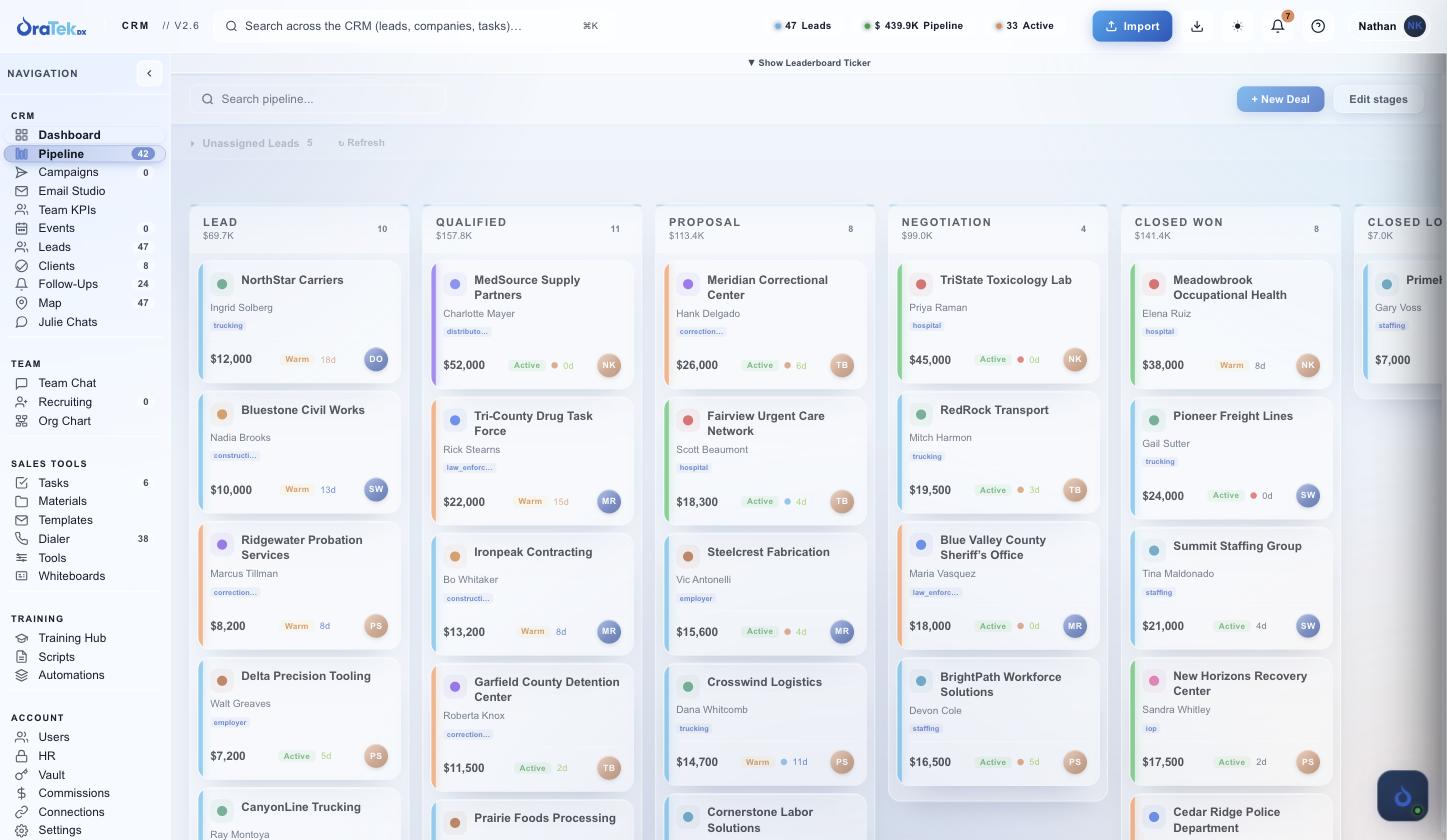 Pipeline kanban — stage totals, deal cards with owner avatars, drag to advance