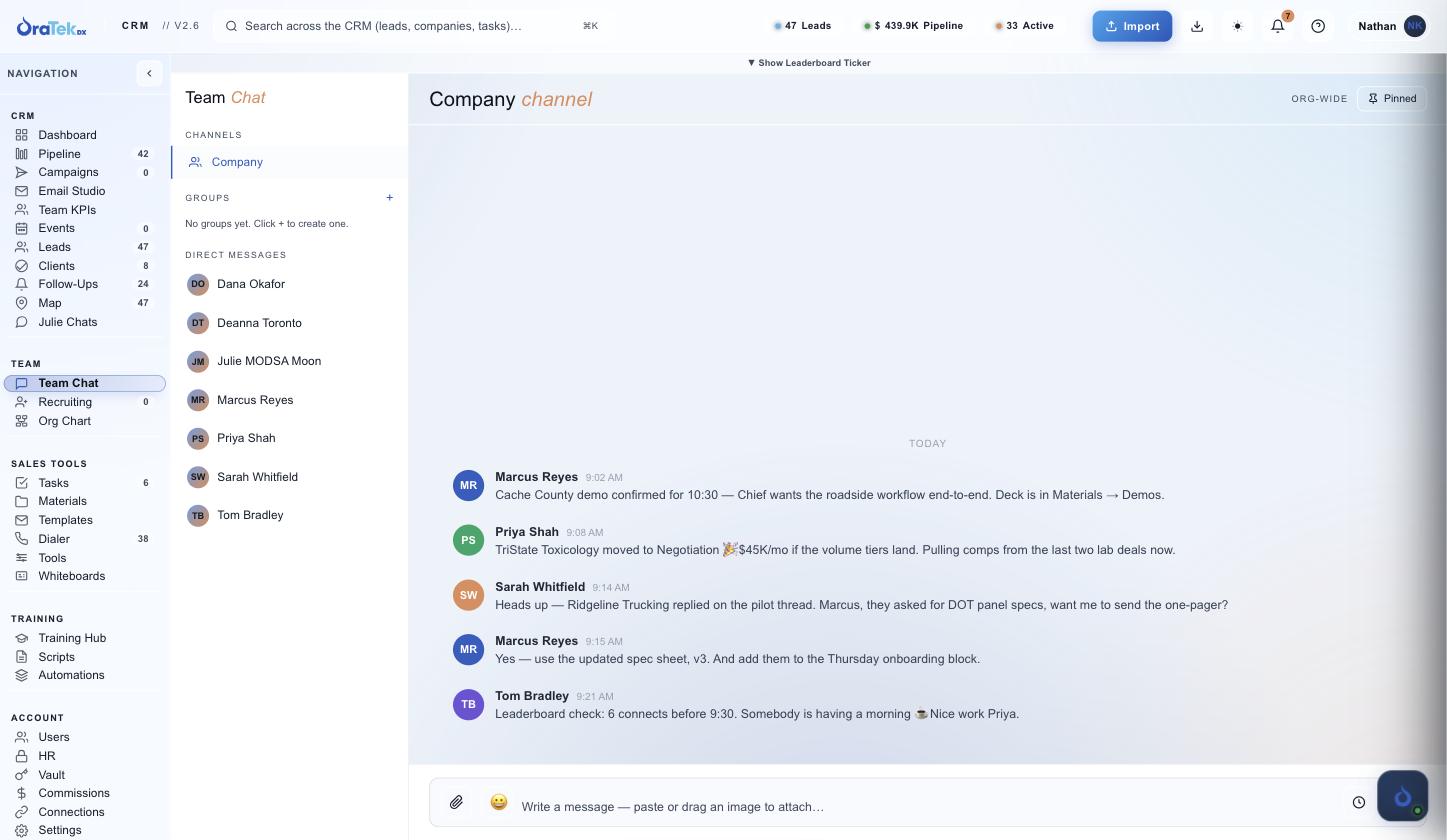 Team chat — company channel with DMs and the same deals the pipeline tracks